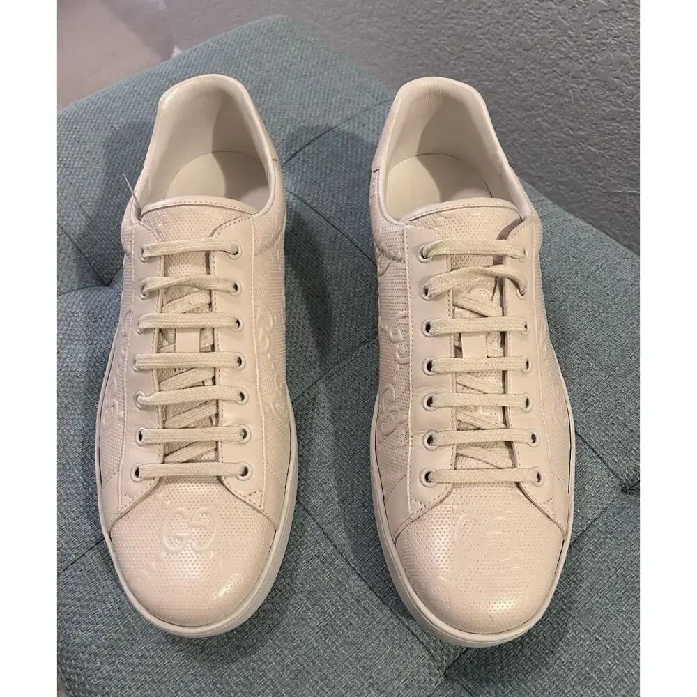 AUTHENTIC GUCCI ACE GG EMBOSSED LEATHER SNEAKERS 625787 Sz GG 14.5 (US 15.5)